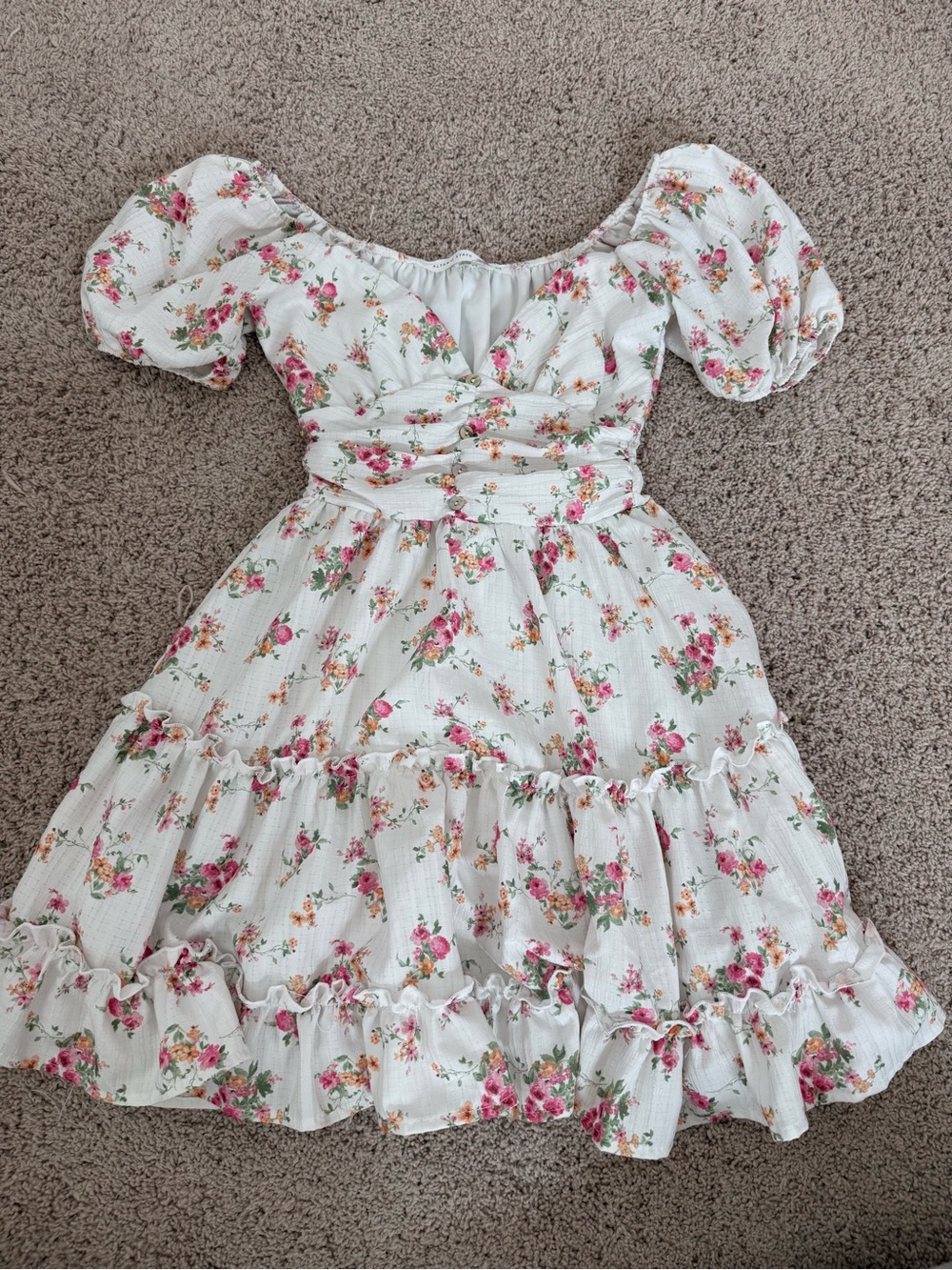 Altar'd State White Floral Puff-Sleeve Dress with Pink Bouquet Print